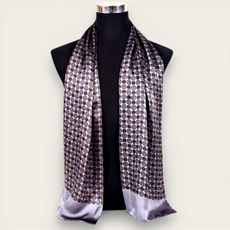 Mens silk scarf grey pattern with silver silk and dark brown black circular motifs