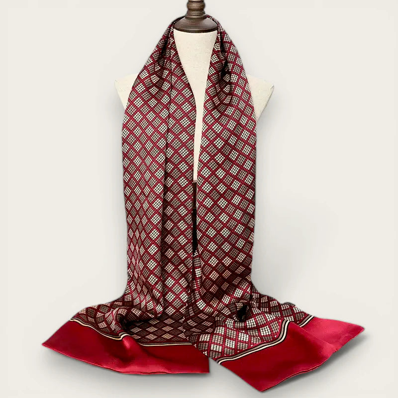 Mens silk paisley scarf in luxurious red beige geometric silk with satin border