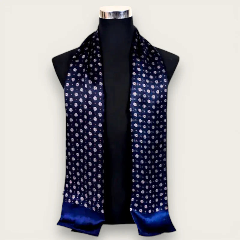 Navy blue mens silk scarf with white floral pattern and satin edges