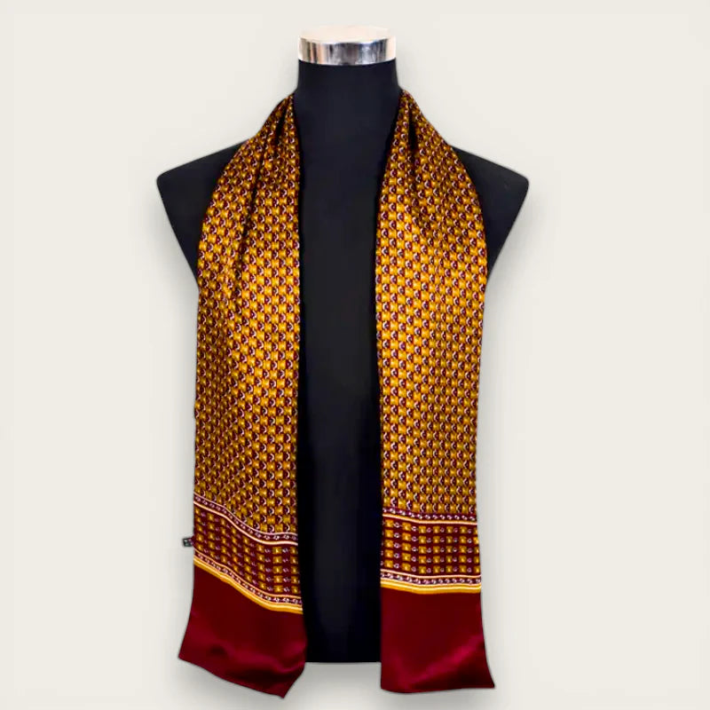 Mens Silk Scarf Style: luxurious gold maroon patterned silk scarf on mannequin