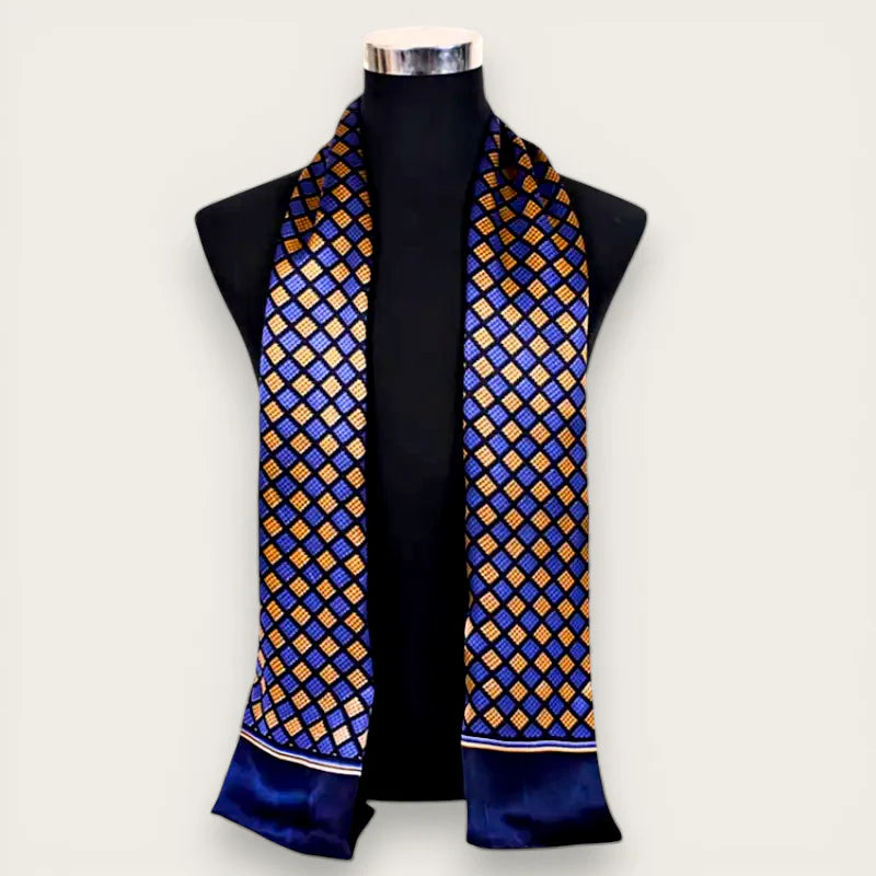 Mens silk tuxedo scarf in navy blue silk with gold and light blue diamond pattern
