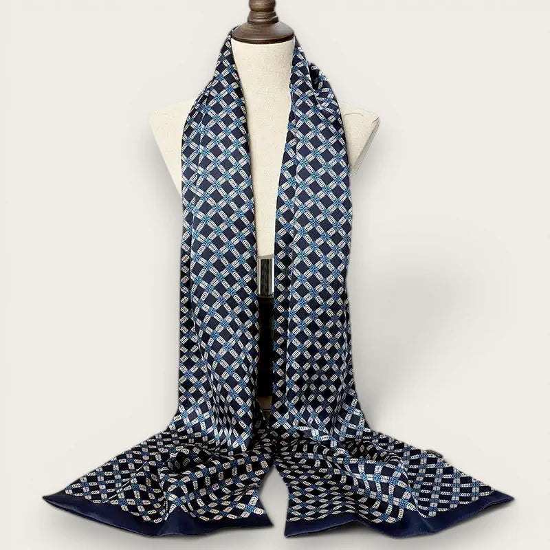 Mens square silk scarf in navy blue with light blue and white geometric pattern