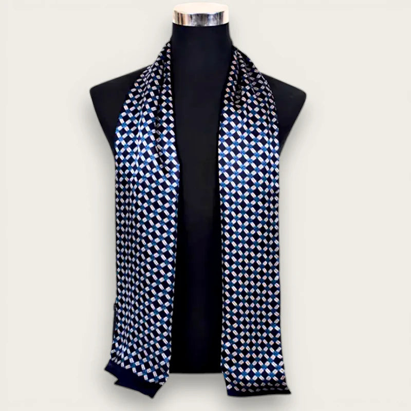 Mens thin silk scarf in navy blue with light blue white diamond pattern