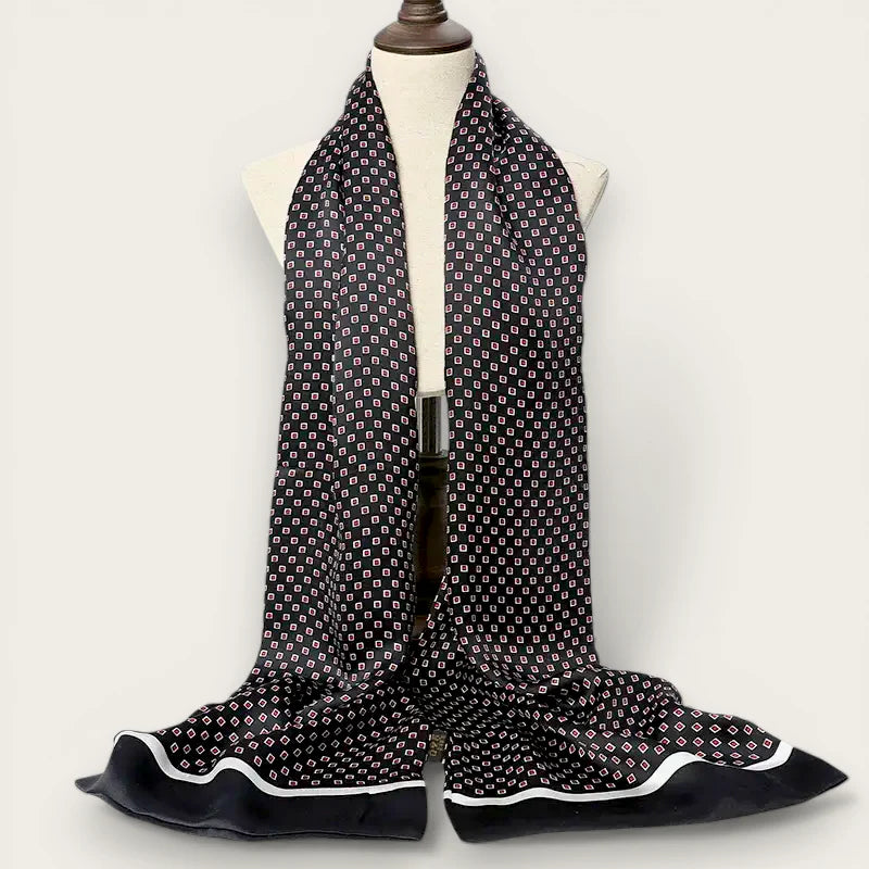 Mens vintage silk scarf in black with white pink squares and ruffled trim