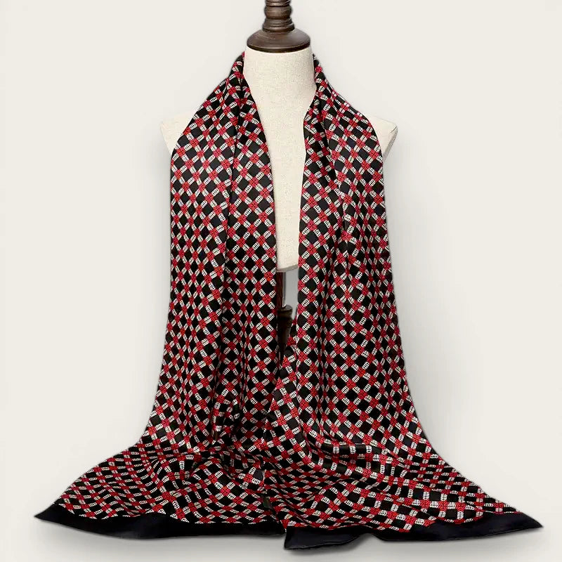 Mens Wedding Silk Scarf in black and red geometric pattern with sheen
