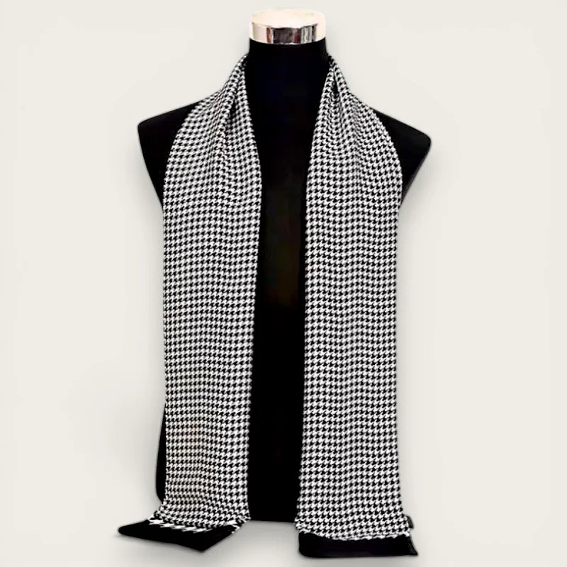 Mens white silk houndstooth scarf draped on mannequin