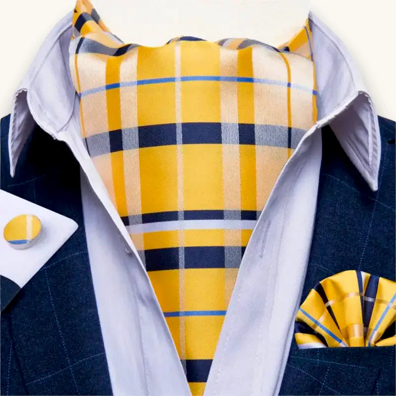 Mens yellow ascot tie in vibrant plaid yellow navy blue gray with suit