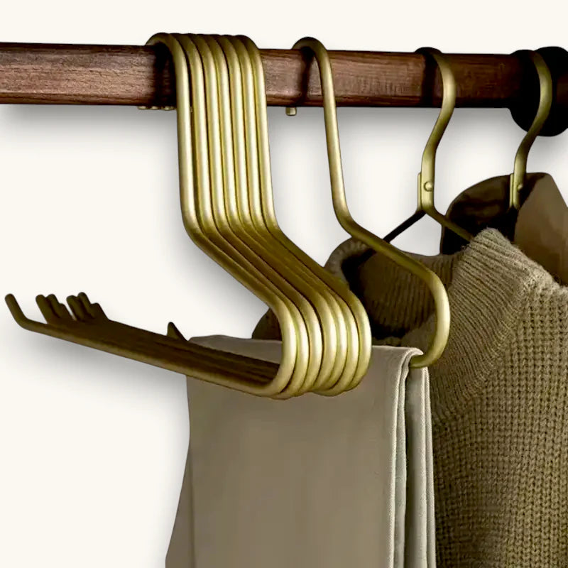 Gold metal scarf hanger with sleek design and pants hooks