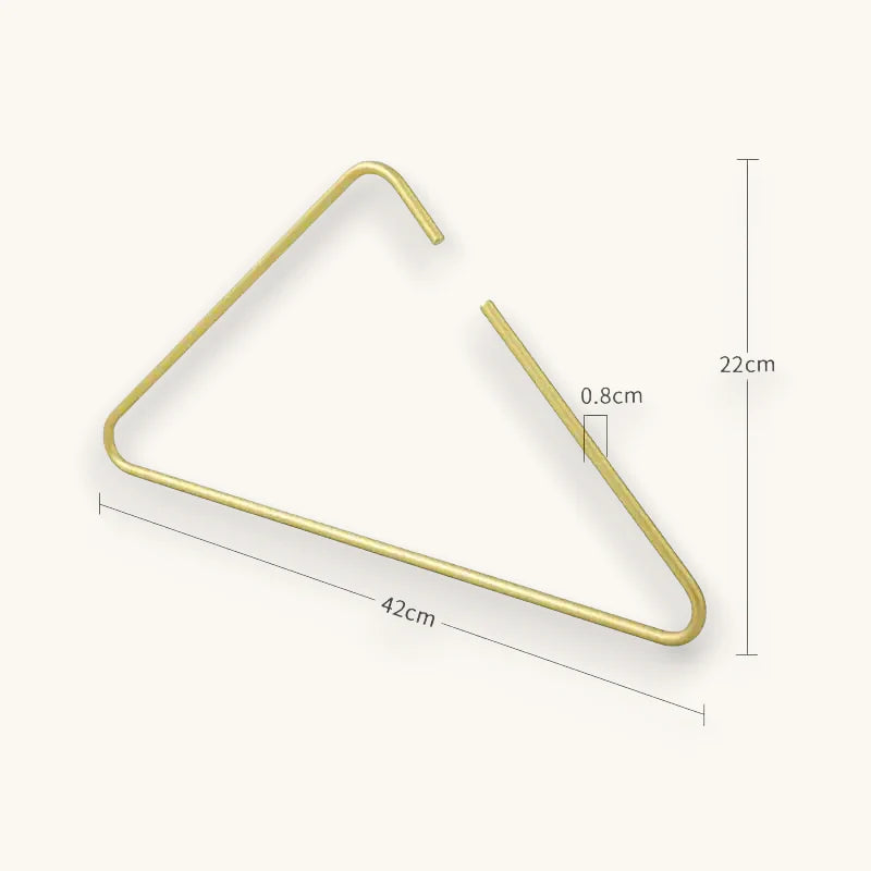 Gold triangular metal scarf hanger, 42cm base, 22cm height, thin wire frame