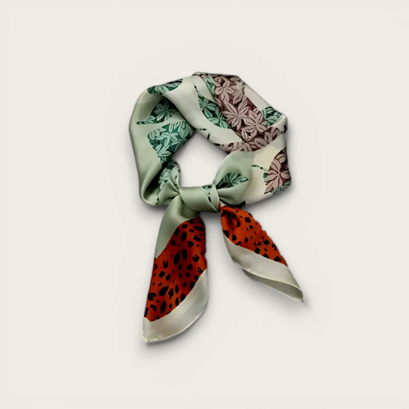 Mint green silk scarf with floral leopard patchwork in earthy tones