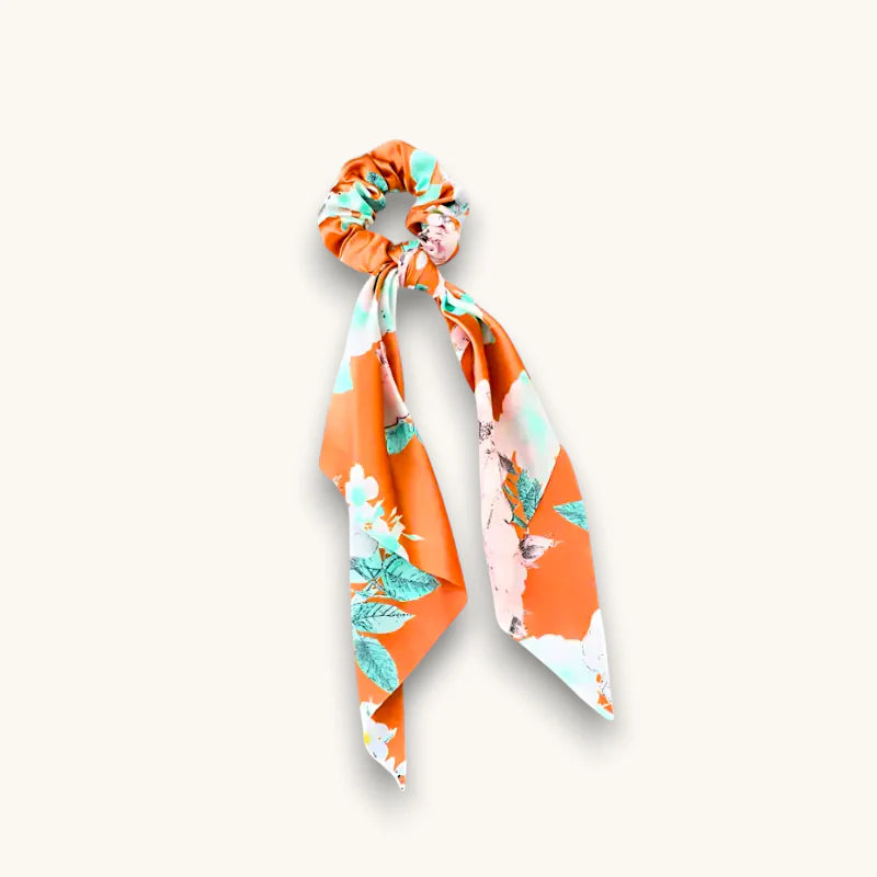 Vibrant orange floral Multi Hairband Scarf scrunchie with silk ribbon tail