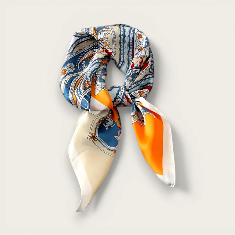 Vibrant paisley silk multicolor scarf in blue orange and cream