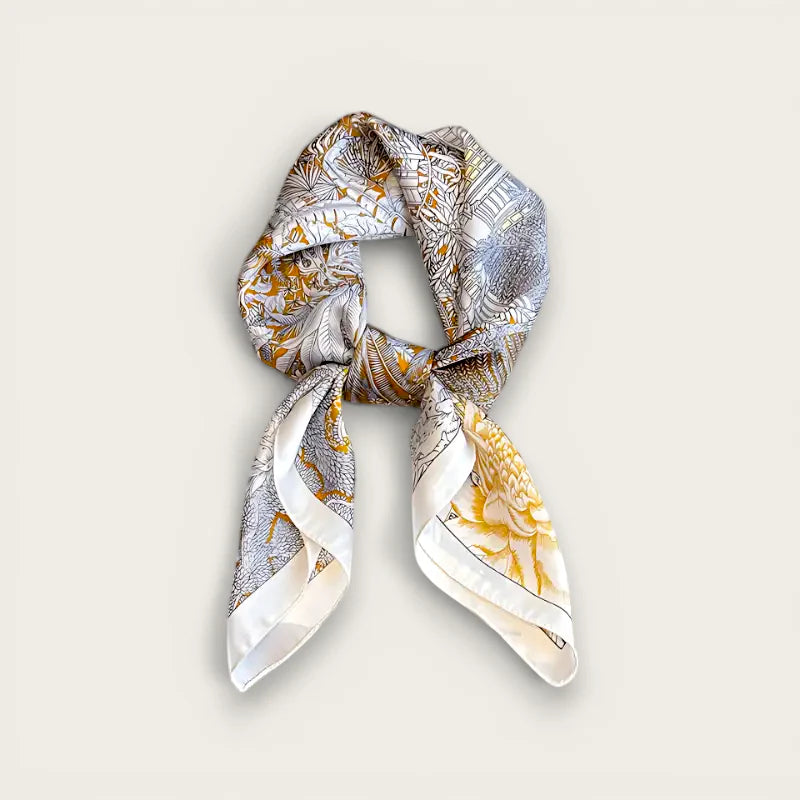 Natural silk scarf with delicate silver-gold botanical patterns