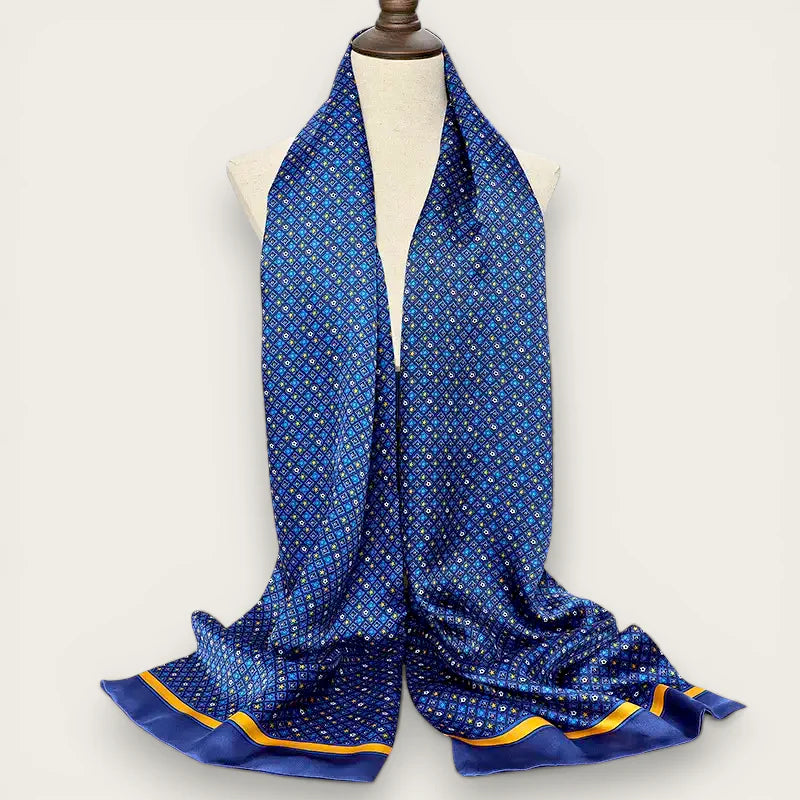 Navy blue mens silk scarf with subtle geometric pattern and yellow trim
