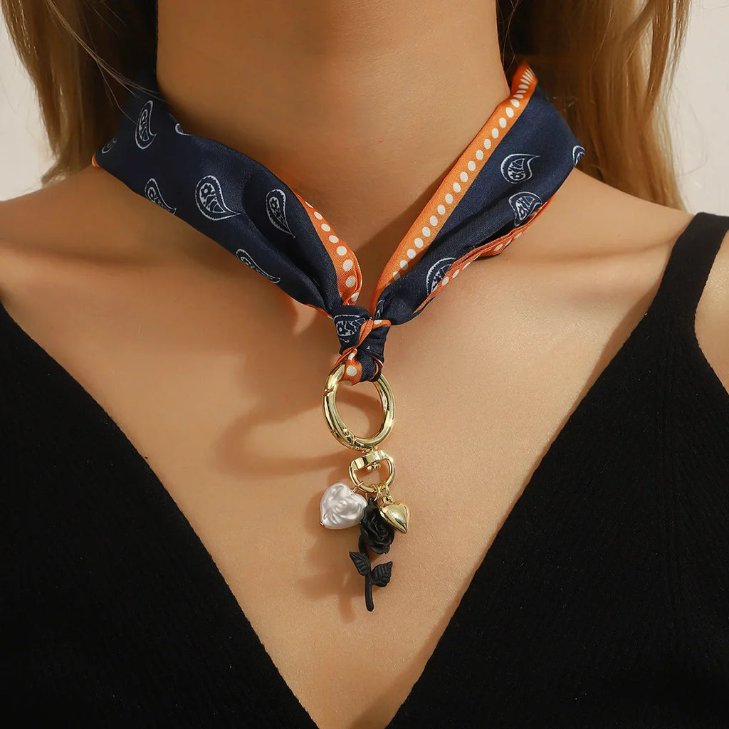 Navy Blue Scarf Necklace with paisley silk, pearl heart keychain charm