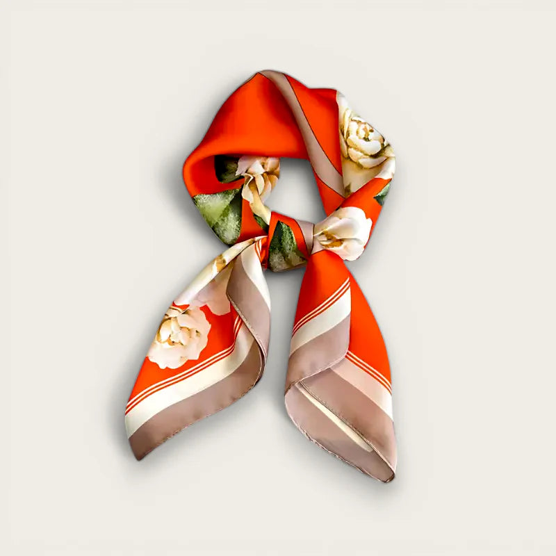 Vibrant orange Neck Scarf Orange silk scarf with floral and striped patterns