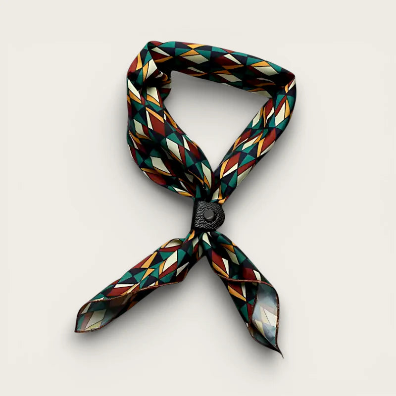 Neckerchief Scarf: vibrant geometric silk scarf knotted with black leather button