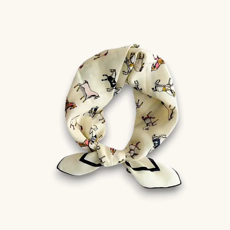 Off white cotton scarf with colorful cartoon horses and black trim