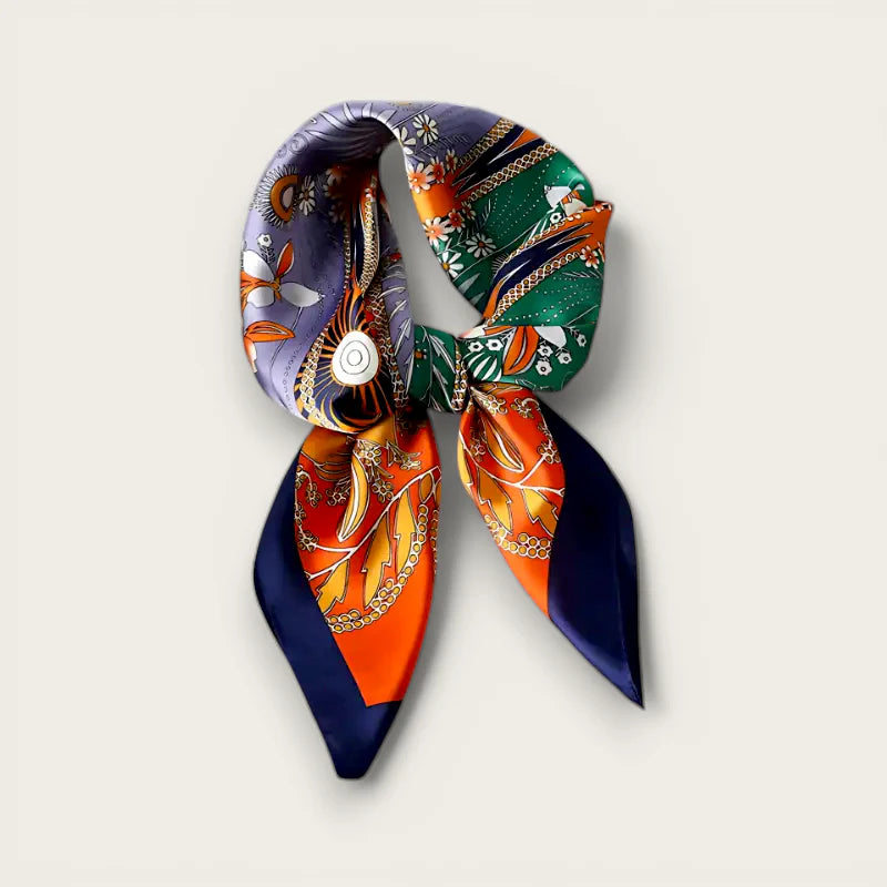 Orange and Purple Scarf: vibrant silk with purple, green, orange, navy patterns