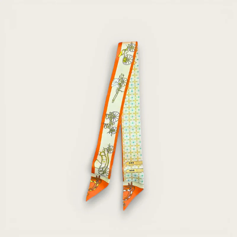 Orange Bag Scarf: orange cream silk with horse carriages, geometric reverse