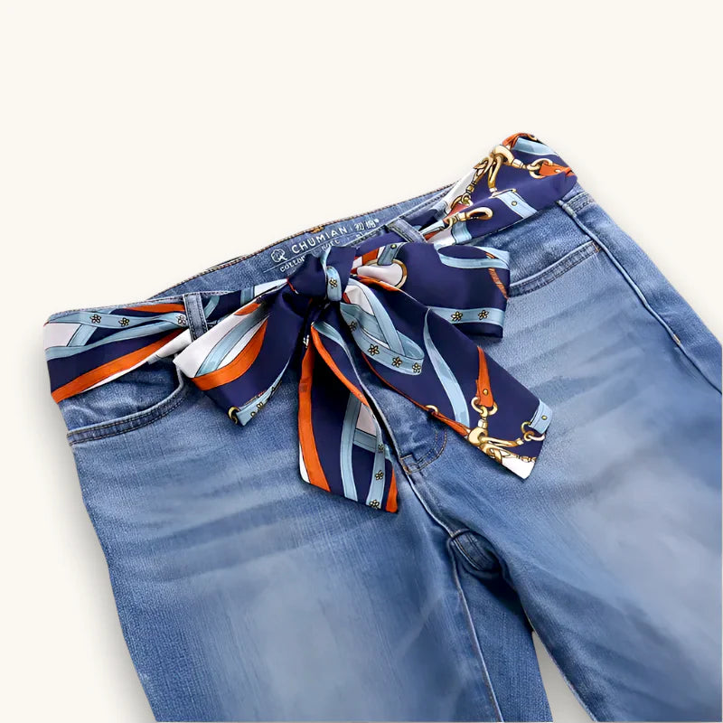 Orange Scarf Belt: navy blue silk scarf with orange stripes tied as jeans belt