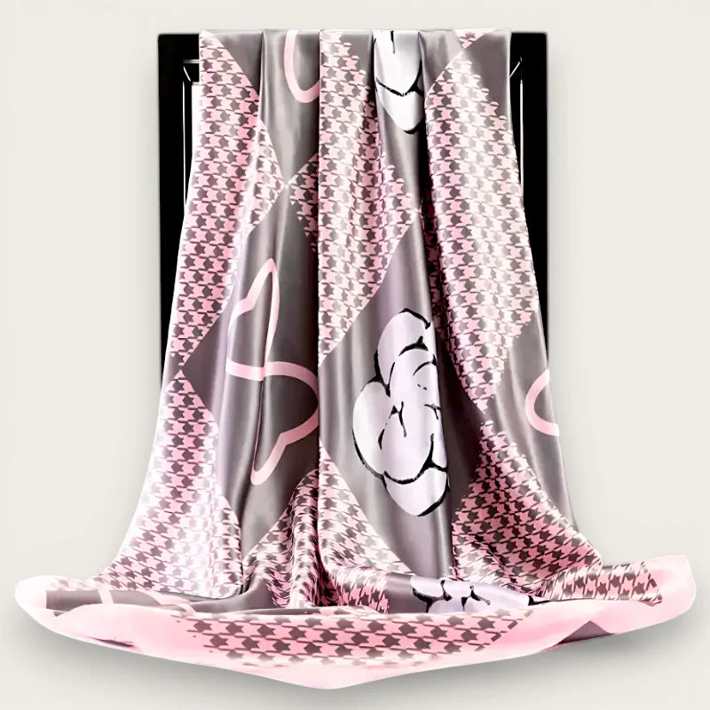 Oversized silk square scarf with gray pink houndstooth and white florals