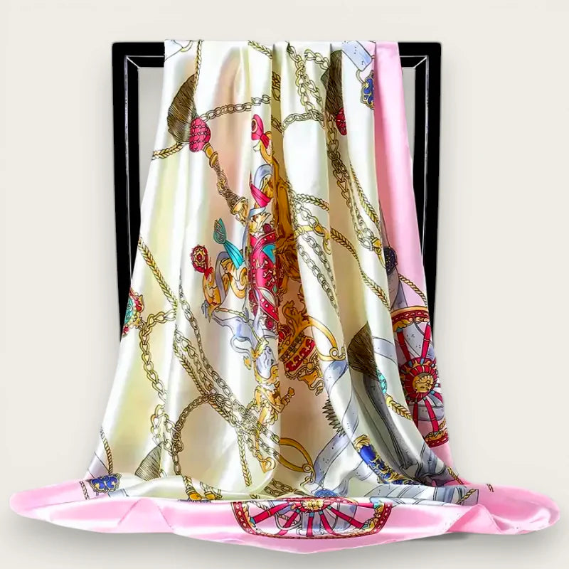 Oversized womens cream silk scarf with ornate gold chain print