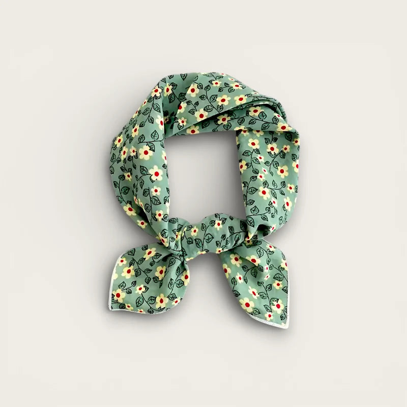 Pale green cotton scarf with mint silk floral pattern and leaves