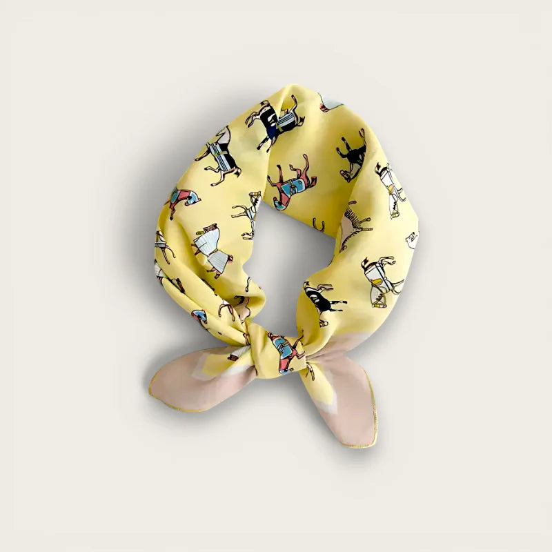Pale yellow cotton scarf with colorful cartoon horse pattern