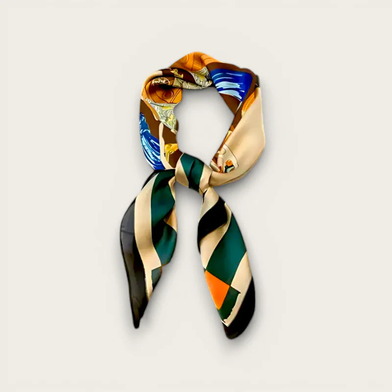 Paris Silk Scarf with vibrant geometric patterns in green, orange, blue