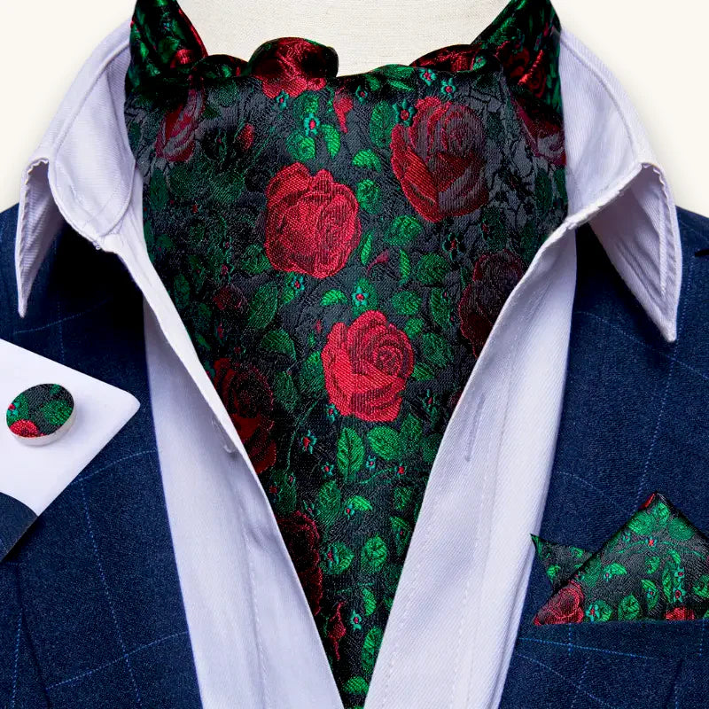 Pink Ascot elegant black silk cravat with red rose green leaf pattern