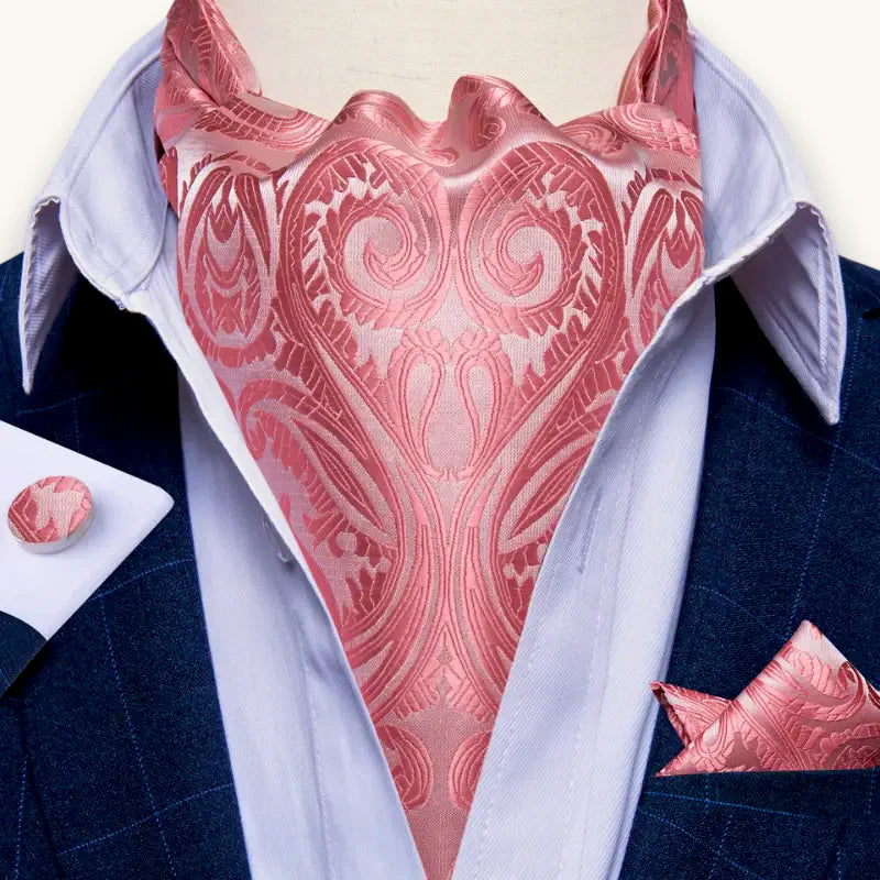 Pink Ascot Scarf: pink satin cravat with paisley pattern on white shirt