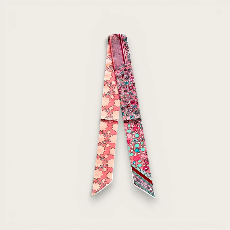 Pink Bag Scarf: pink peach floral silk with red teal white designs