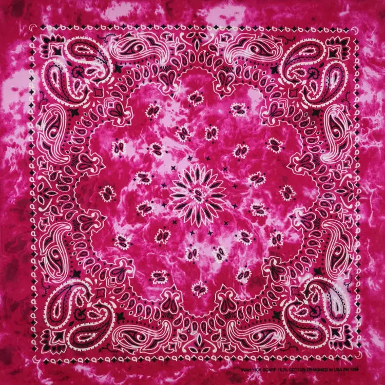 Vibrant pink tie-dye bandana scarf with white black paisley patterns