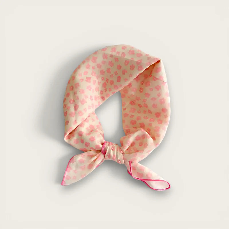 Pink cotton scarf in soft pink cream silk pattern with neat knot trim