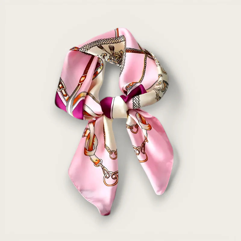 Pink silk head scarf with delicate chain and horsebit pattern knot
