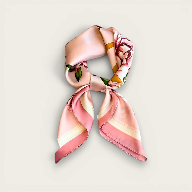 Pink neck scarf in delicate silk with floral pastel pattern and gold accents