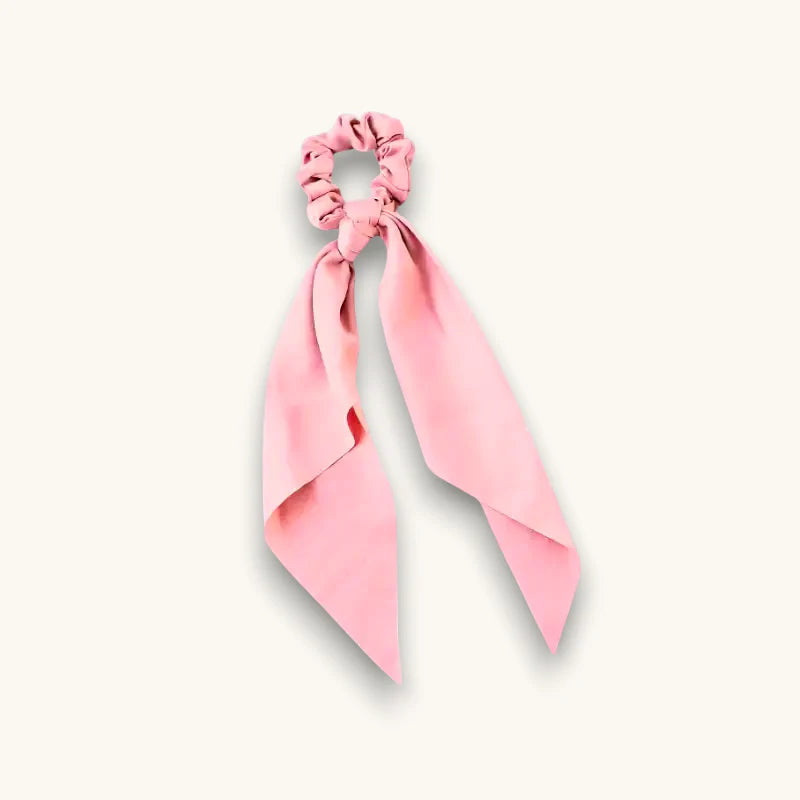 Pink Scarf Scrunchie with soft satin ribbon knot on elastic hair tie