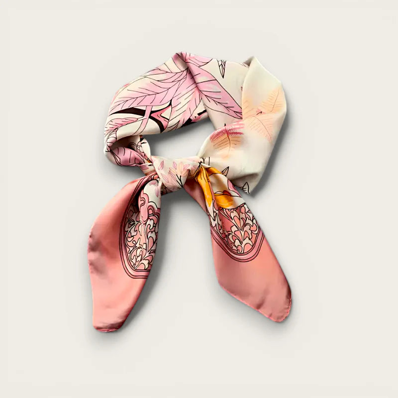 Pink Square Scarf with delicate pink cream silk botanical leaf print