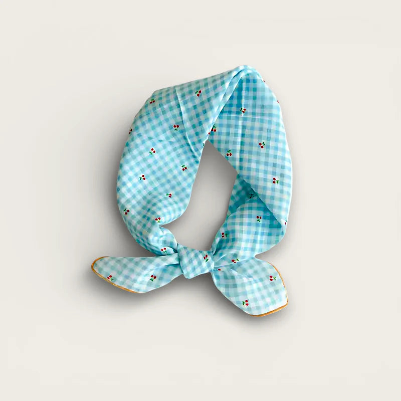 Light blue gingham Plaid Cotton Scarf with cherry prints and tied knot