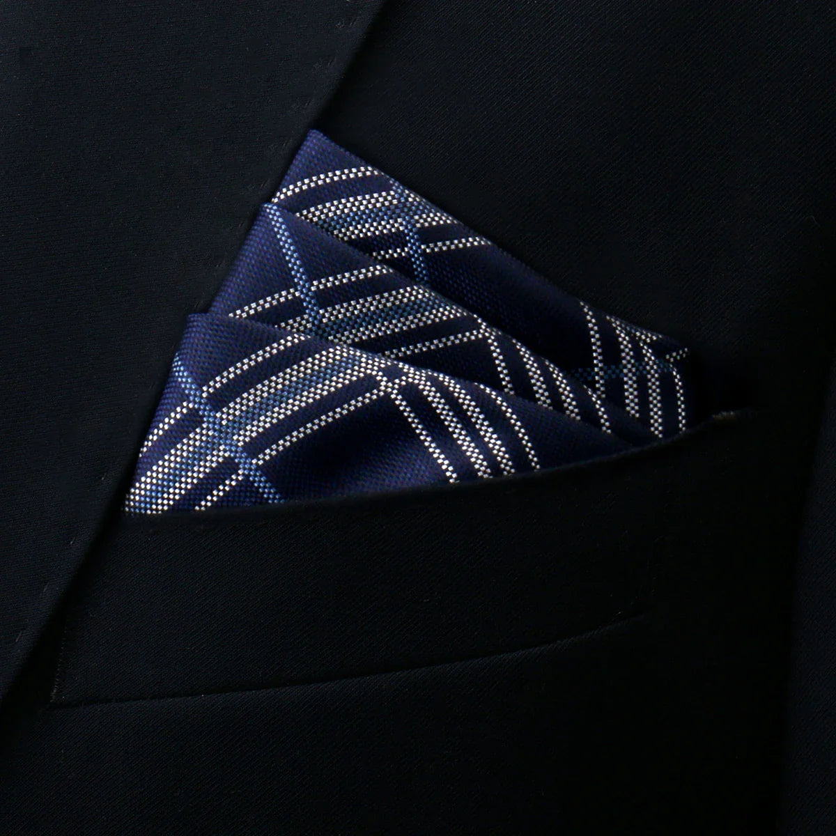 Navy blue Plaid Pocket Square with subtle white and light gray plaid pattern