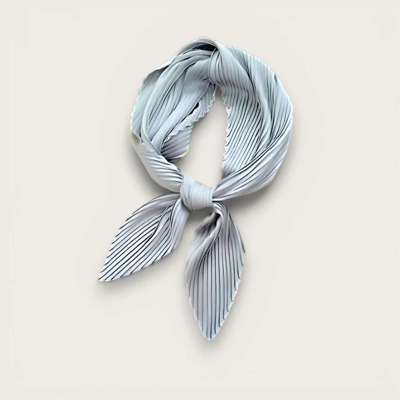 Light blue pleated silk scarf knotted with pointed ends, Plain Grey Scarf