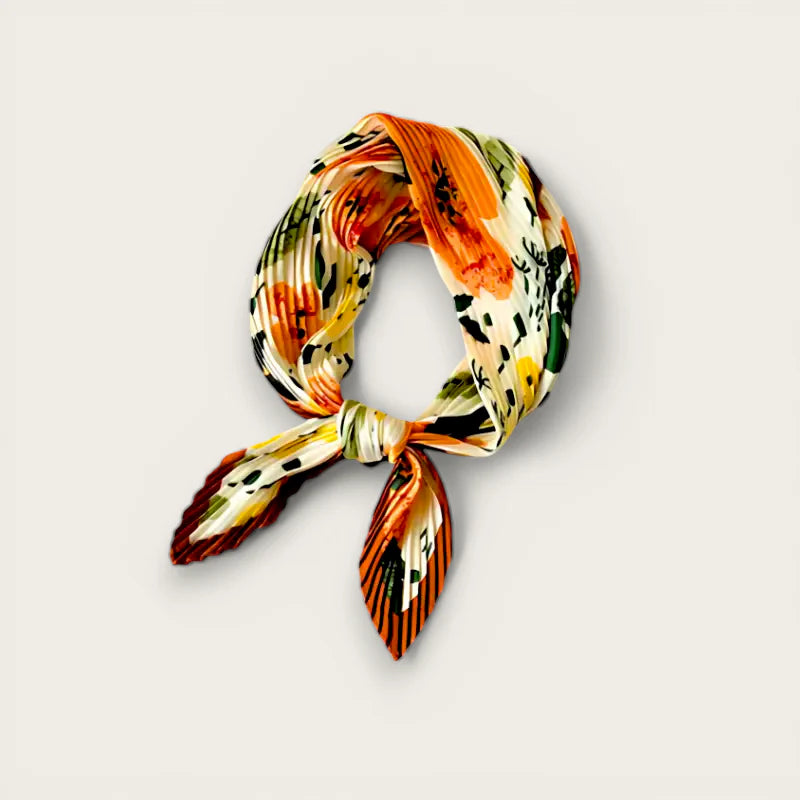 Pleated Neck Scarf with vibrant orange, green, black floral pattern