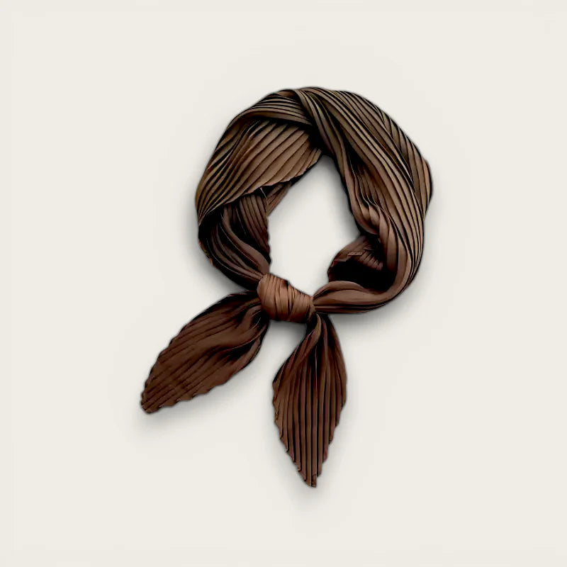 Brown pleated silk scarf tied in a knot, Pleated Scarf product