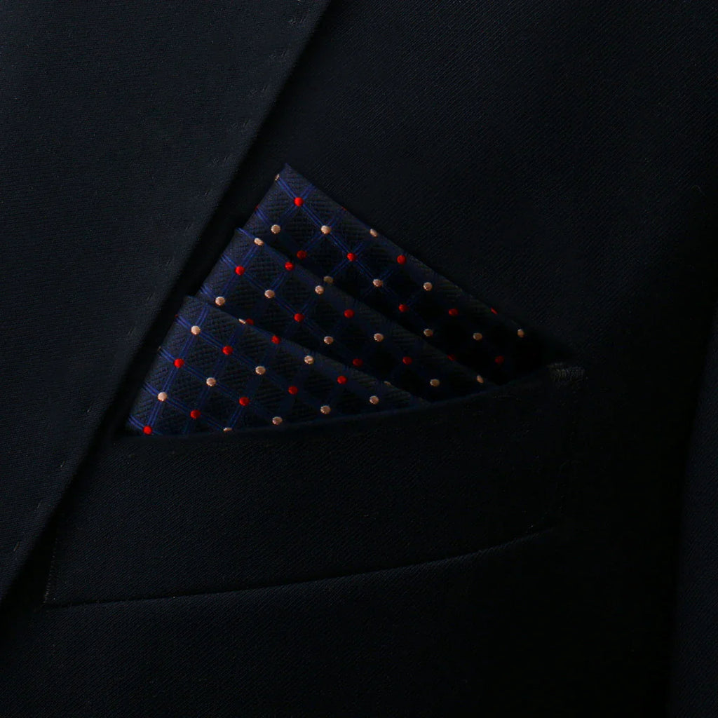 Polka Dot Pocket Square in navy blue with red gold polka dots in suit pocket