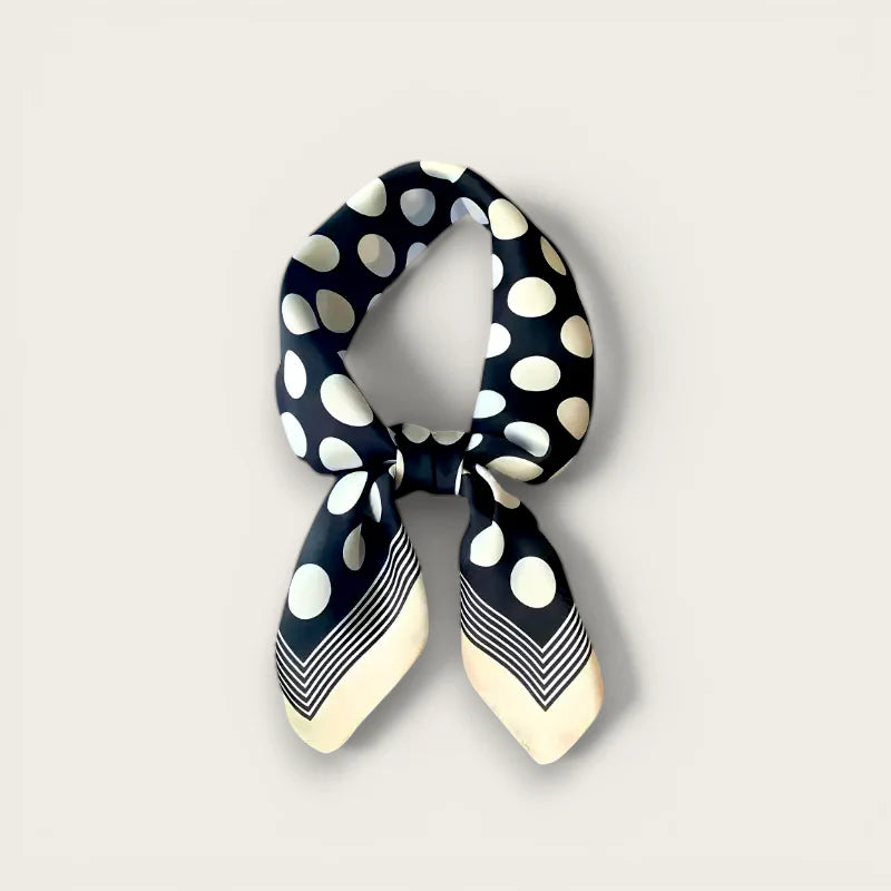 Polka Dot Scarf: navy blue silk with white polka dots and striped ends
