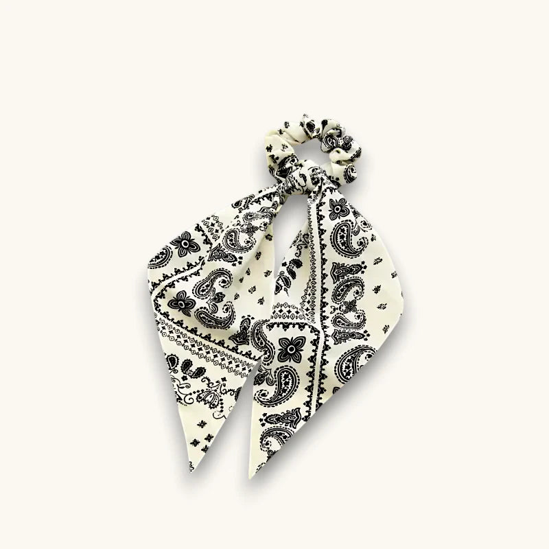 Cream ponytail scarf scrunchie with black paisley floral pattern