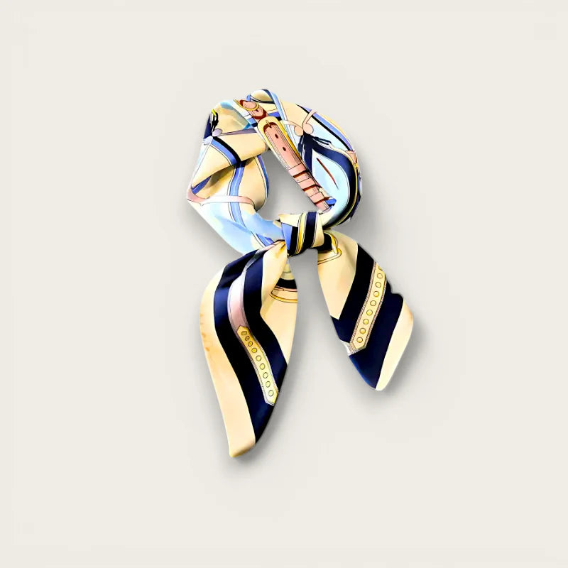 Premium silk scarf in cream navy blue with vintage horse ribbon print