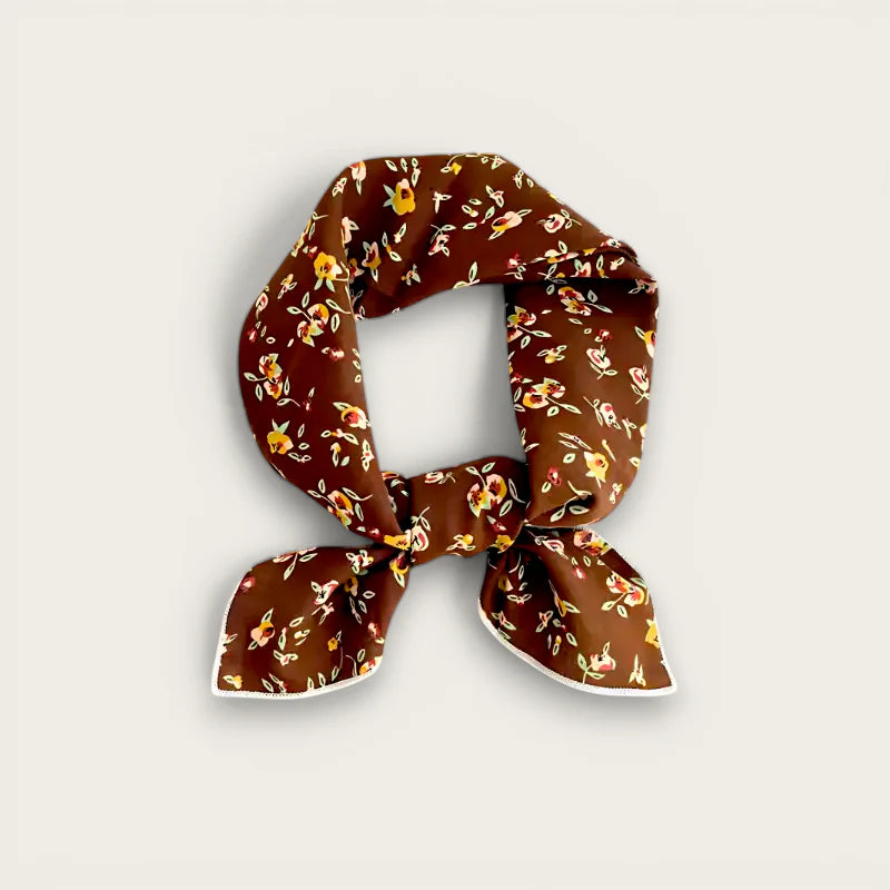 Printed cotton scarf in brown silk with yellow pink floral pattern knot