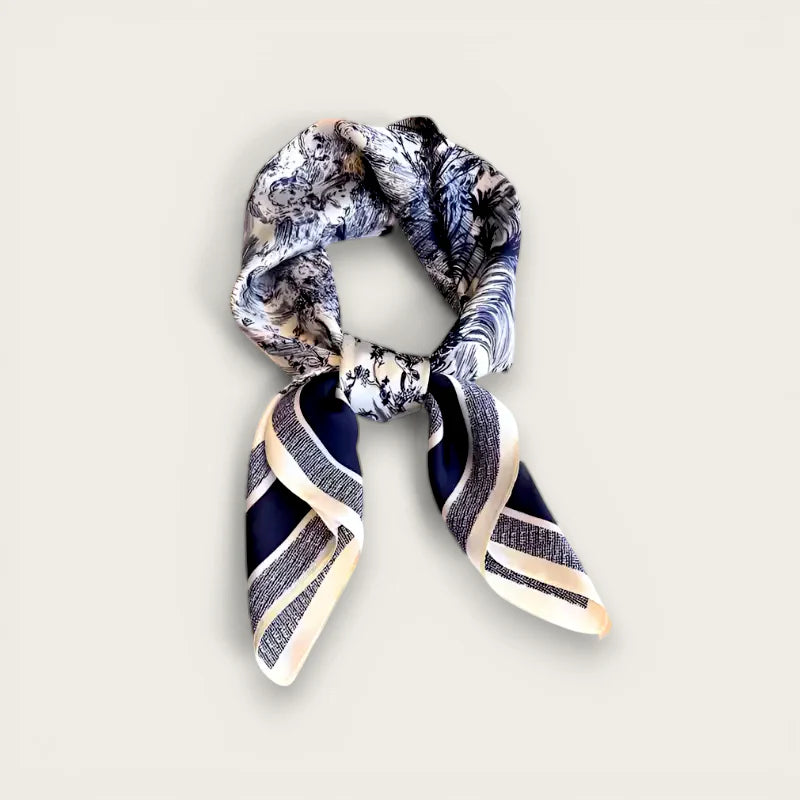 Printed silk scarf in navy blue cream stripes with black white botanical print